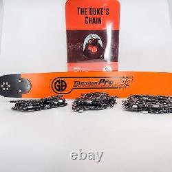 GB Titanium 28 Bar + 3-pack Duke's 3/8 Hard Chrome Chain Fits Stihl Mount