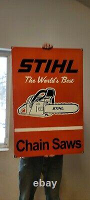 Large Old Vintage Double Sided Stihl Chain Saws Porcelain Heavy Metal Sign