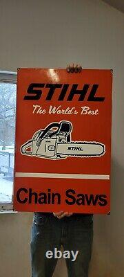 Large Old Vintage Double Sided Stihl Chain Saws Porcelain Heavy Metal Sign