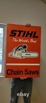 Large Old Vintage Double Sided Stihl Chain Saws Porcelain Heavy Metal Sign