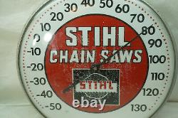 VINTAGE STIHL CHAIN SAWS THERMOMETER ADVERTISING ROUND GLASS FACE 12in DIAMETER