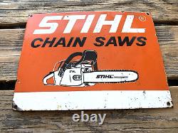 Vintage Stihl Chain Saws Tools Gas Service Motor Oil Pump Station Porcelain Sign