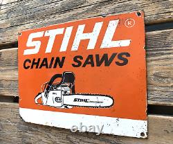 Vintage Stihl Chain Saws Tools Gas Service Motor Oil Pump Station Porcelain Sign