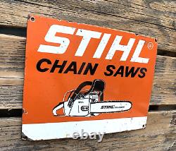 Vintage Stihl Chain Saws Tools Gas Service Motor Oil Pump Station Porcelain Sign