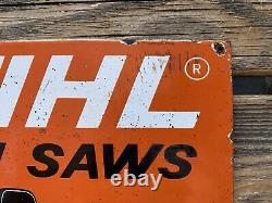 Vintage Stihl Chain Saws Tools Gas Service Motor Oil Pump Station Porcelain Sign