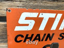 Vintage Stihl Chain Saws Tools Gas Service Motor Oil Pump Station Porcelain Sign