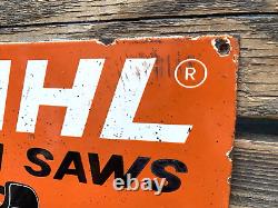 Vintage Stihl Chain Saws Tools Gas Service Motor Oil Pump Station Porcelain Sign